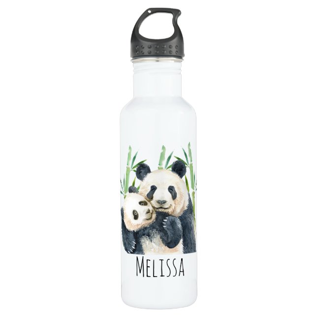 Niedliches Panda-Paar in Bamboo Wasserfarbe Edelstahlflasche (Vorderseite)