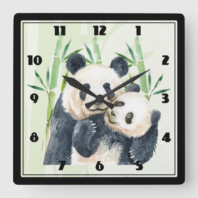 Niedliches Panda-Paar in Bamboo Wasserfarbe Große  Quadratische Wanduhr (Vorderseite)