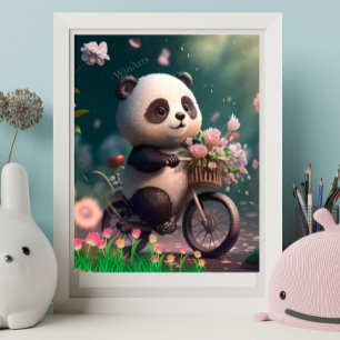 Niedliches Panda Reiten mit Blume Art Poster