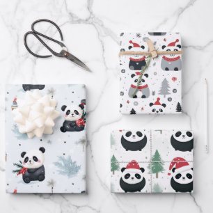 Niedliches Panda Santa Winterferienmuster Geschenkpapier Set