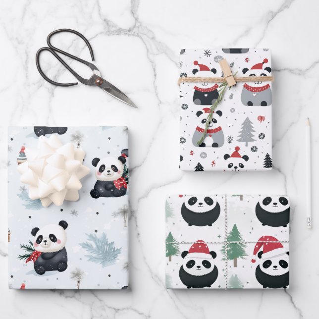 Niedliches Panda Santa Winterferienmuster Geschenkpapier Set (Vorderseite)