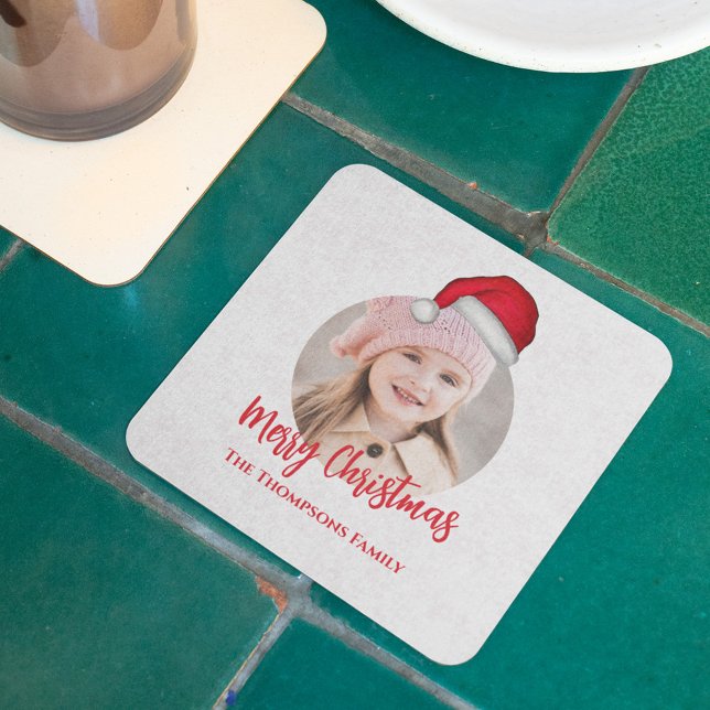Niedliches Party in der Weihnachtszeit Rechteckiger Pappuntersetzer (Merry Christmas photo Santa Hat paper party coaster)