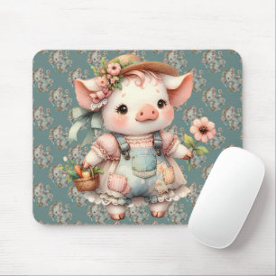 Niedliches Pastell-Ferkel in Cottagecore-Overall Mousepad