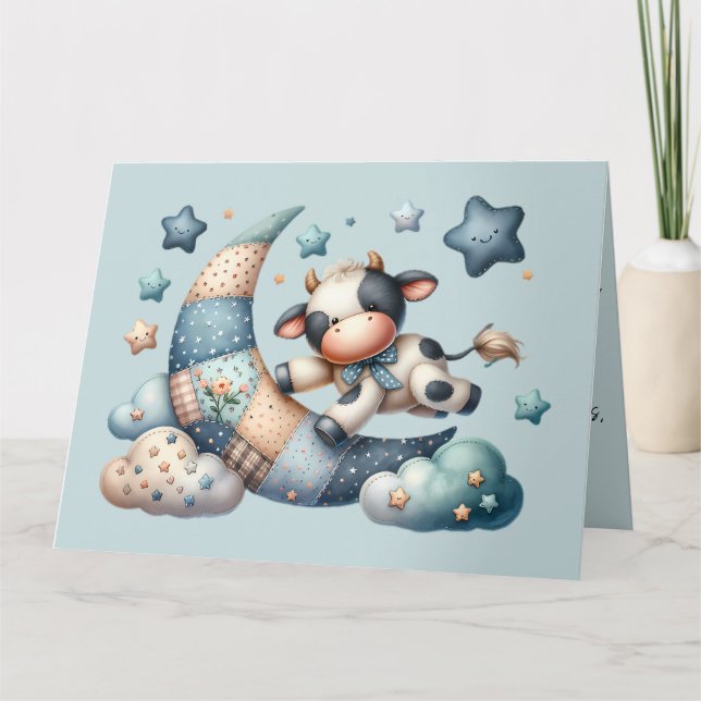 Niedliches Patchwork Kuh Over Moon mit Stars Dankeskarte (Vorderseite)