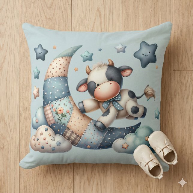 Niedliches Patchwork Kuh Over Moon mit Stars Kissen (Cute Patchwork Cow Over Moon with Stars Throw Pillow Mockup B)