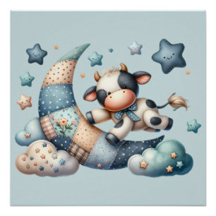 Niedliches Patchwork Kuh Over Moon mit Stars Poster