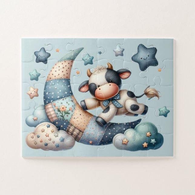 Niedliches Patchwork Kuh Over Moon mit Stars Puzzle (Horizontal)