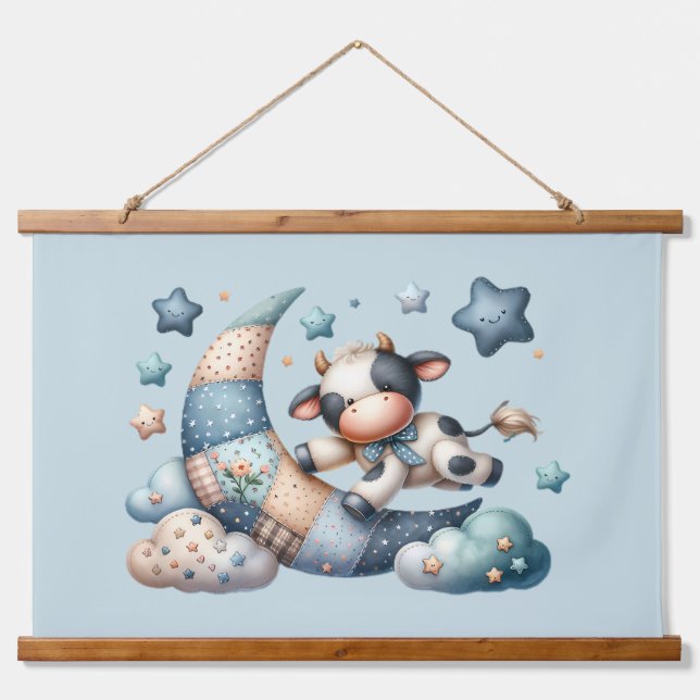 Niedliches Patchwork Kuh Over Moon mit Stars Wandteppich Mit Holzrahmen (Vorne)