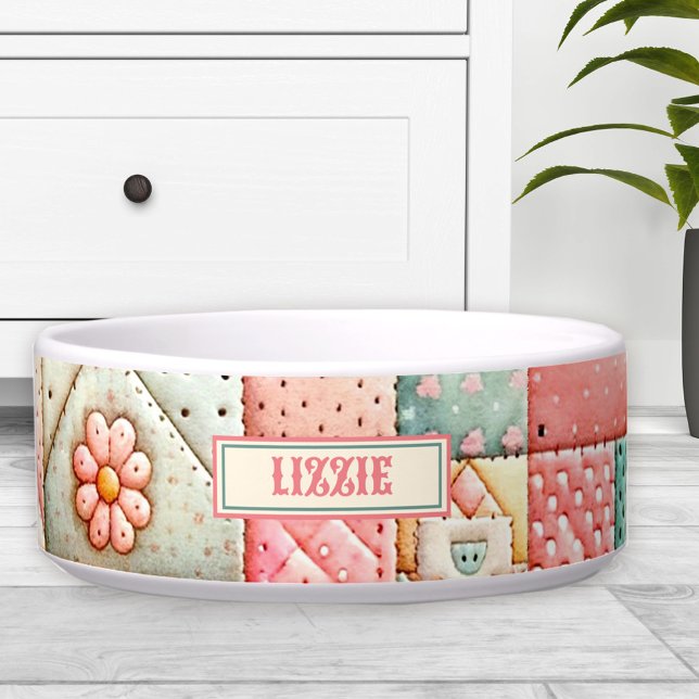 Niedliches Patchwork Pastel Individuelle Name Cat  Napf (Cute Quilt Patchwork Pastel Custom Name Cat Pet Bowl)