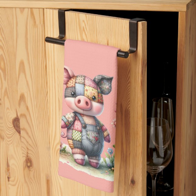 Niedliches Patchwork Piglet im Blumengarten Geschirrtuch (Drittel gefaltet)