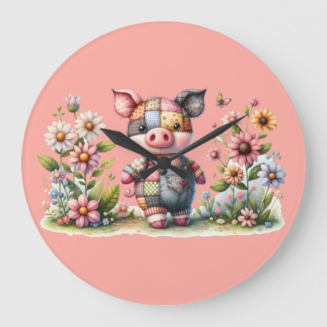 Niedliches Patchwork Piglet im Blumengarten Große Wanduhr (Vorderseite)
