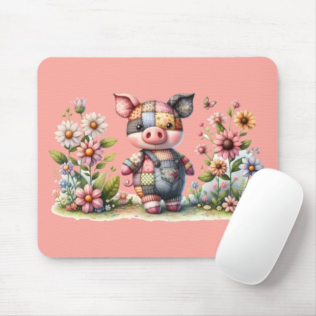 Niedliches Patchwork Piglet im Blumengarten Mousepad (Mit Mouse)