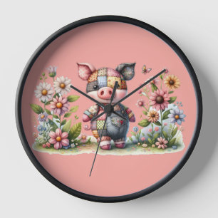 Niedliches Patchwork Piglet im Blumengarten Uhr