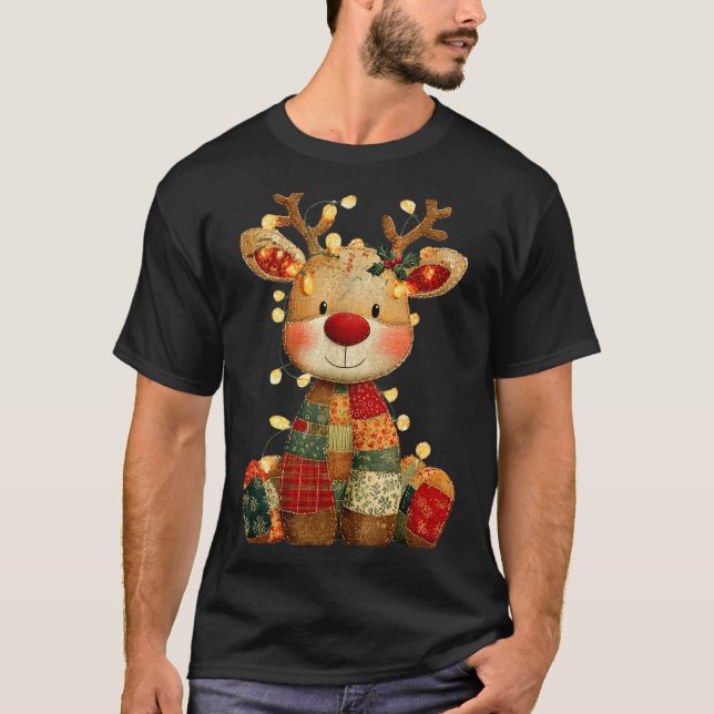 Niedliches Patchwork Reindei Weihnachten Weihnacht T-Shirt (Vorderseite)
