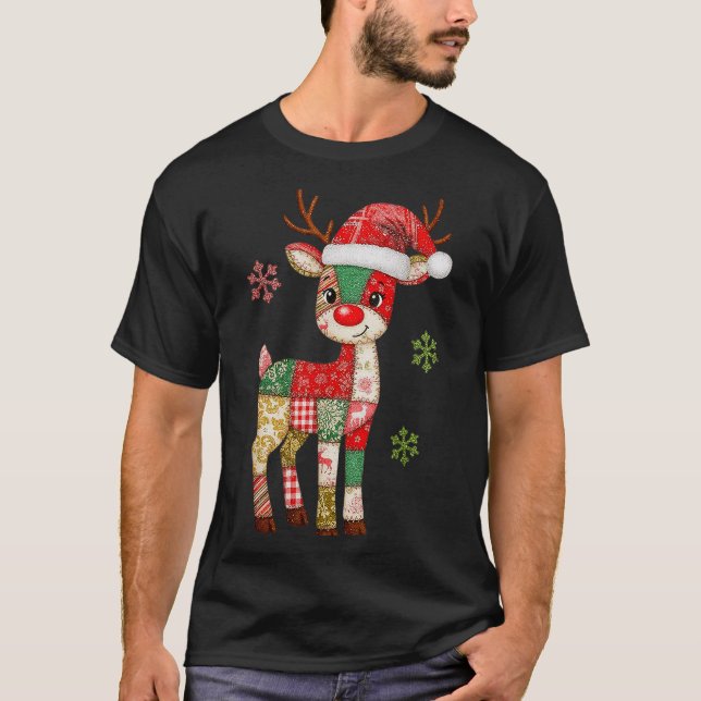 Niedliches Patchwork Reindei Weihnachten Weihnacht T-Shirt (Vorderseite)