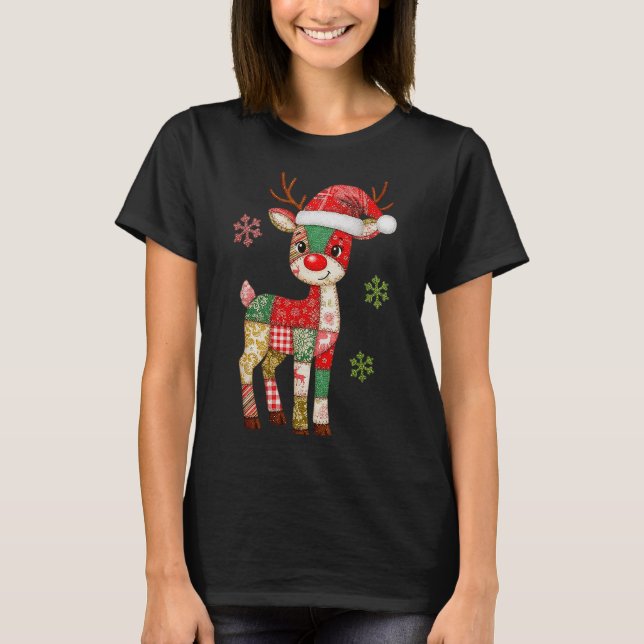 Niedliches Patchwork Reindei Weihnachten Weihnacht T-Shirt (Vorderseite)