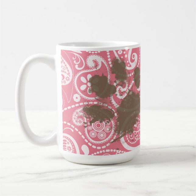 Niedliches Pawprint erröten an rosa Paisley Tasse (Links)