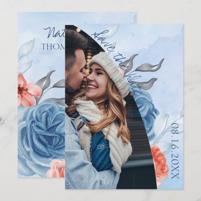 Niedliches Peach Blue Floral Foto Hochzeit speiche Ankündigung (Vorne/Hinten)