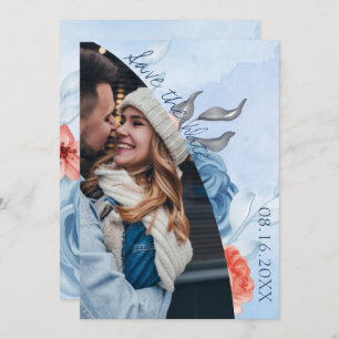 Niedliches Peach Blue Floral Foto Hochzeit speiche Ankündigung