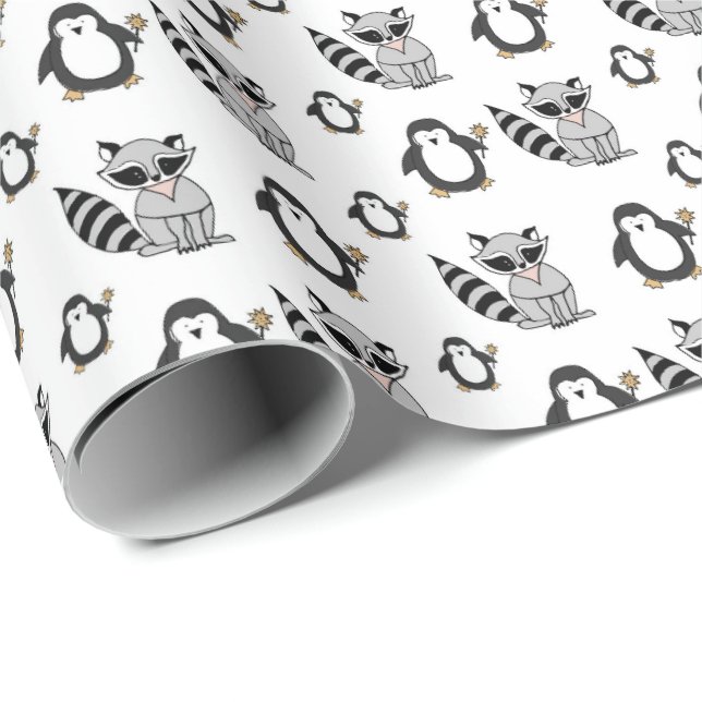 Niedliches Penguin Racoon Buddies Baby-Geschenk Geschenkpapier (Rolleneckpunkt)