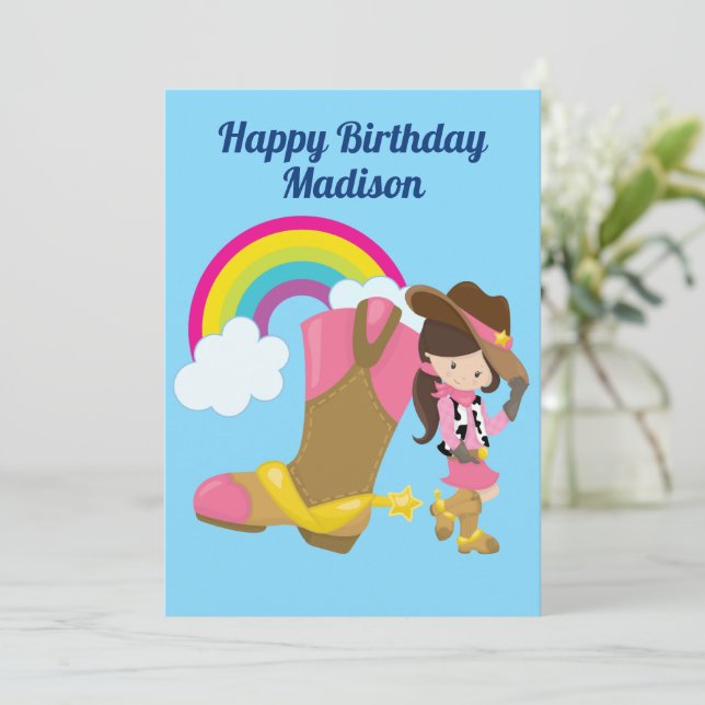Niedliches Personalisiertes Cowgirl Rainbow Happy  Karte (Stehend Vorderseite)