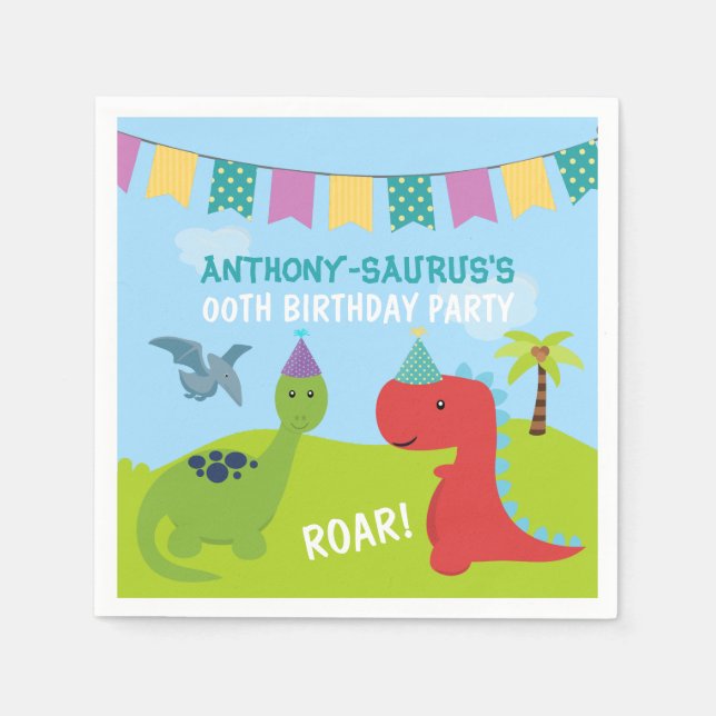 Niedliches Personalisiertes Dinosaurier-Party Serviette (Vorderseite)