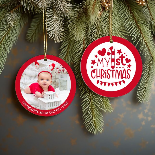 Niedliches Personalisiertes Foto zu Weihnachten Keramik Ornament (Cute My First Christmas Personalized Photo Ceramic Ornament)