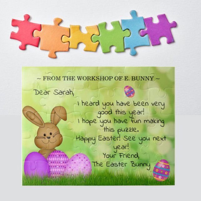 Niedliches Personalisiertes "From Oaster Bunny" Hi Puzzle (Personalize this jigsaw puzzle with a cute custom "handwritten" note from the Easter Bunny to kids!)