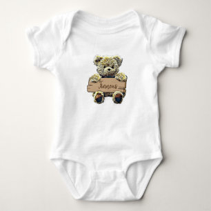 Niedliches Personalisiertes Teddy Bear Wood Sign B Baby Strampler