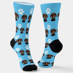 Niedliches Pet-Foto-Muster leuchten Blau und Weiß Socken