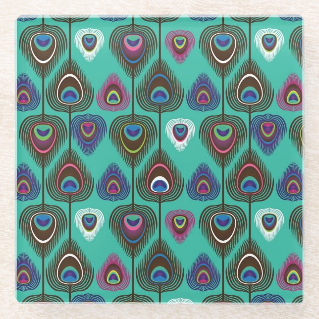 niedliches Pfauenfedermuster Glasuntersetzer (Vorderseite)