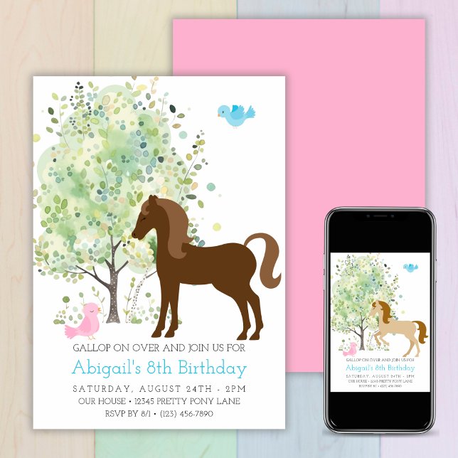 Niedliches Pferd, Bäume, Pferdereiten - Geburtstag Einladung (Cute Horse, Trees, Pony Rides Equestrian Birthday Invitation)