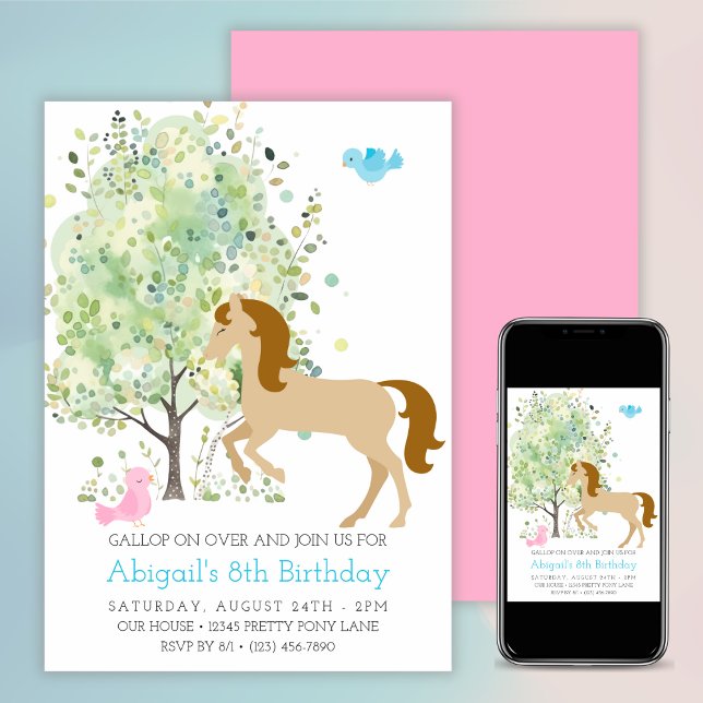 Niedliches Pferd, Bäume, Pferdereiten - Geburtstag Einladung (Cute Horse, Trees, Pony Rides Equestrian Birthday Invitation)