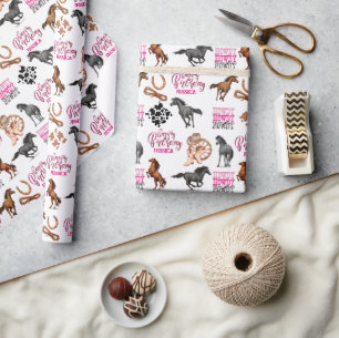 Niedliches Pferd Cowgirl Birthday Geschenkpapier
