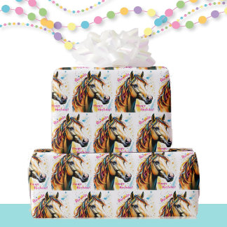 Niedliches Pferd mit dem Geburtsdatum Ribbons Name Geschenkpapier