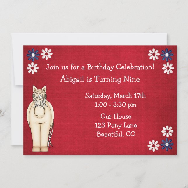 Niedliches Pferd und Blume Rotes Weiß und Blau Geb Einladung (Vorderseite)