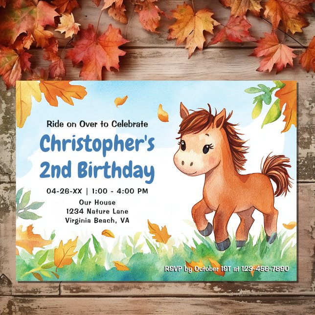 Niedliches Pferd und Herbstlaub | Pony Autumn Gebu Einladung (Front - Cute Horse and Fall Leaves  Pony Autumn Birthday Invitation)