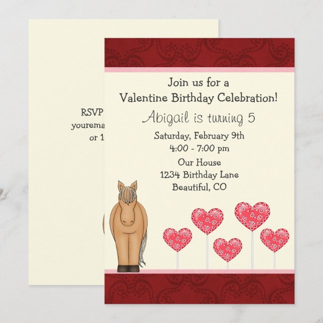 Niedliches Pferd und Herz Valentine zum Geburtstag Einladung (Vorne/Hinten)
