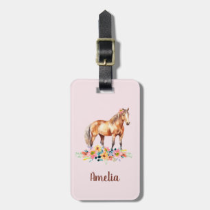 Niedliches Pferd Wasserfarbe Blumenrosa Name Gepäc Gepäckanhänger