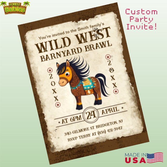 Niedliches Pferd Western-Thema Pony Barnyard Brawl Einladung (Cute Personalizable Wild West Pony Barnyard Brawl Invitation, Customizable Western Horse Invite 🐎)