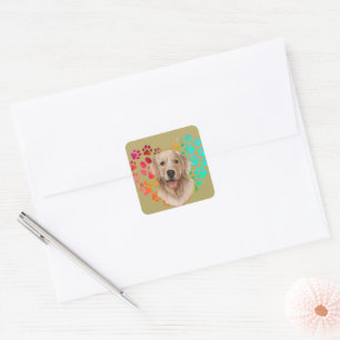Niedliches Pfoten Herzgolden Hund Welpen Haustier  Quadratischer Aufkleber