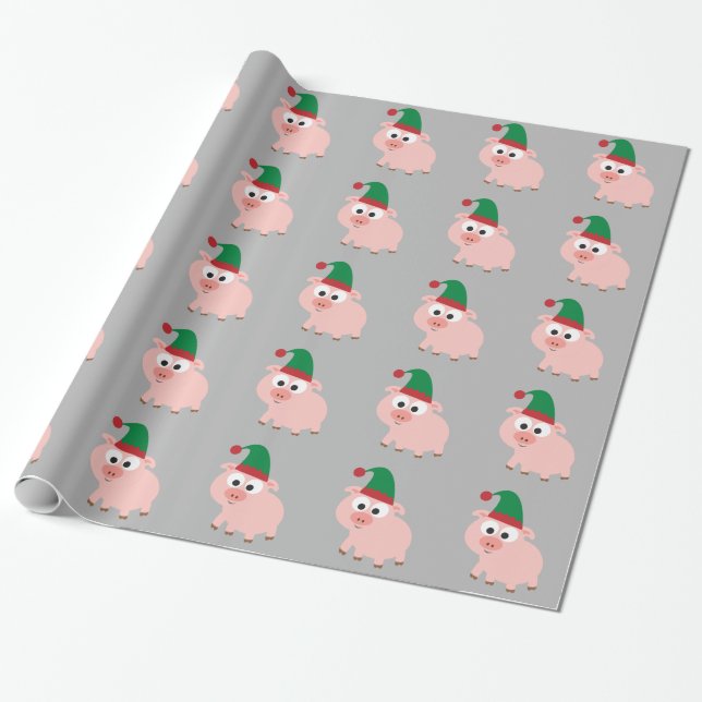 Niedliches Pig Christmas Elf Geschenkpapier (Ungerollt)