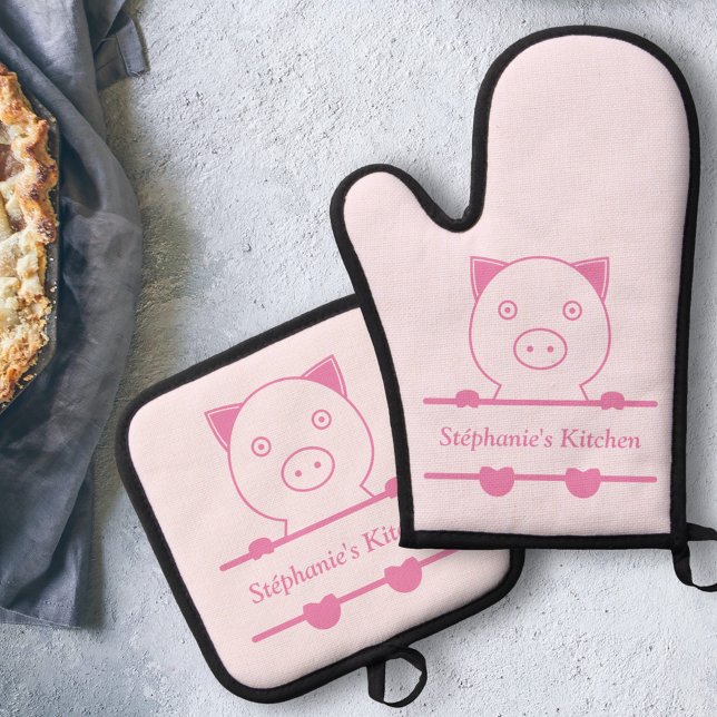 Niedliches Pig Monogramm Ofenhandschuh & Topflappen-Set (Cute Pig Monogram Oven Mitt & Pot Holder Set)