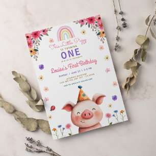 Niedliches Piggy Pink Blumengrün Geburtstag Einladung