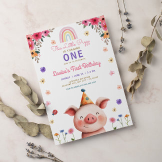 Niedliches Piggy Pink Blumengrün Geburtstag Einladung