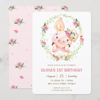 Niedliches Piggy Pink Blumengrün Wreath Geburtstag Einladung