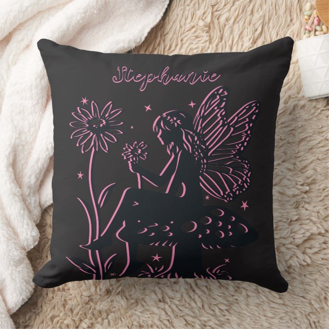 Niedliches Pilz- und Blume Schwarz/Rosa Kissen (Decke)