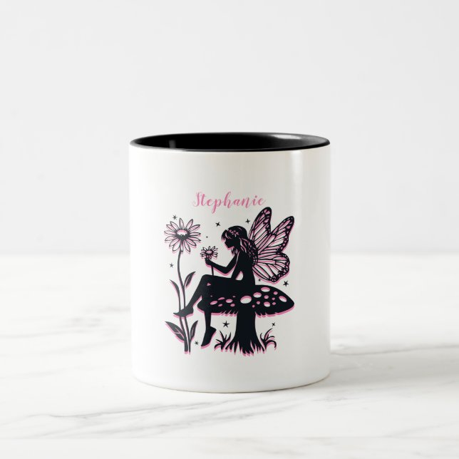 Niedliches Pilz- und Blume Schwarz/Rosa Zweifarbige Tasse (Mittel)