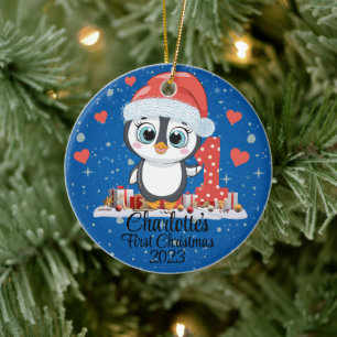 Niedliches Pinguin Baby's First Christmas Blue Keramik Ornament