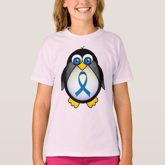 Niedliches Pinguin Blue Ribbon-Bewusstsein T-Shirt (Vorderseite)